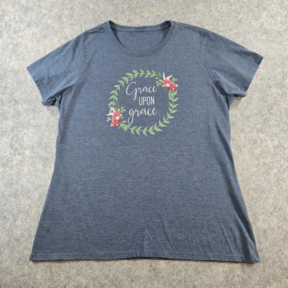 Grace Upon Grace Wreath Flower Women's T-shirt Size L Heather Blue Soft